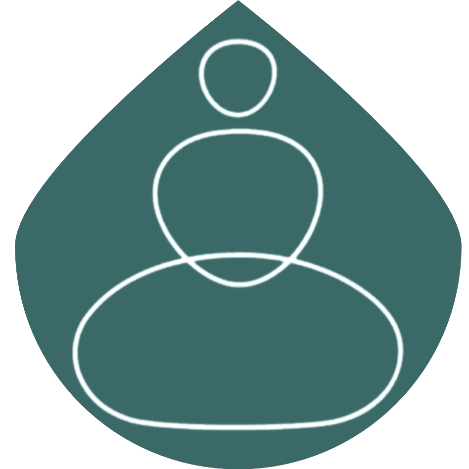 Logo minimalista de una figura meditando, con líneas blancas sobre un fondo verde.